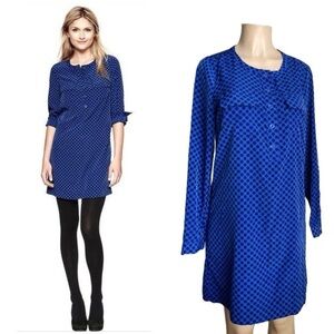 Gap Deborah Polka Dots Blue Black Shirt Dress Knee Shift Pop Over Long Pockets S